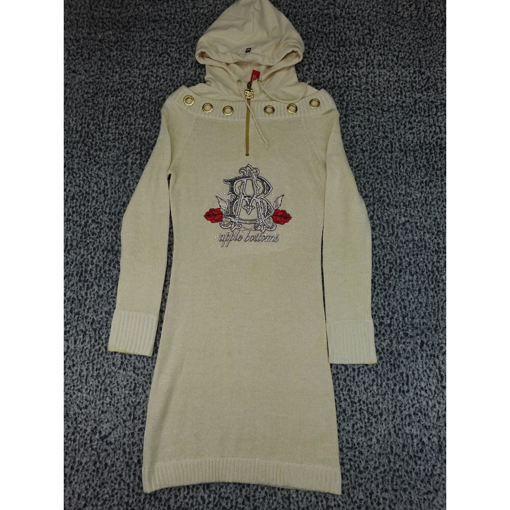 Apple Bottoms Sweater Dress Womens L Cream Gold Metallic Hooded Logo Y2K AB